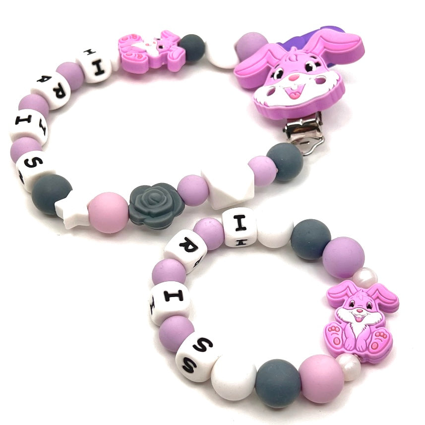 Personalized pacifier clip and teether bracelet