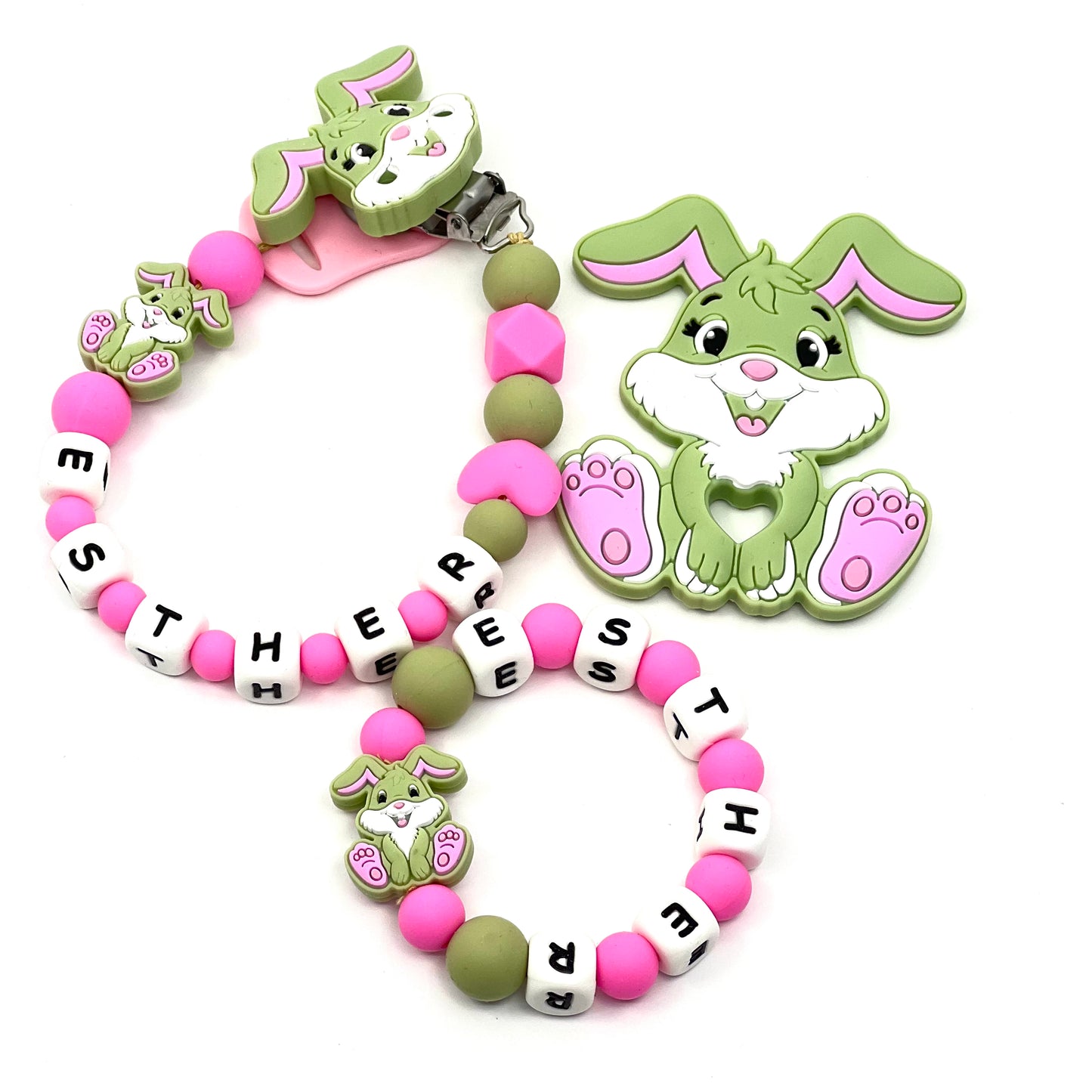 Personalized pacifier clip and teethed bracelet