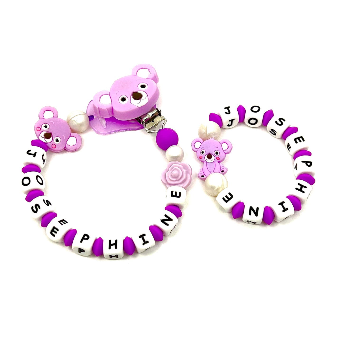 Personalized pacifier clip and teether bracelet
